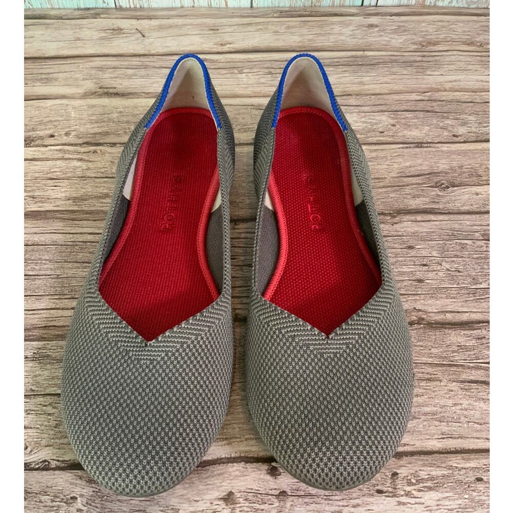 Rothy’s The Flat Womens Gray Knit Ballet Flats Blue Red Collar Trim Round Toe 9